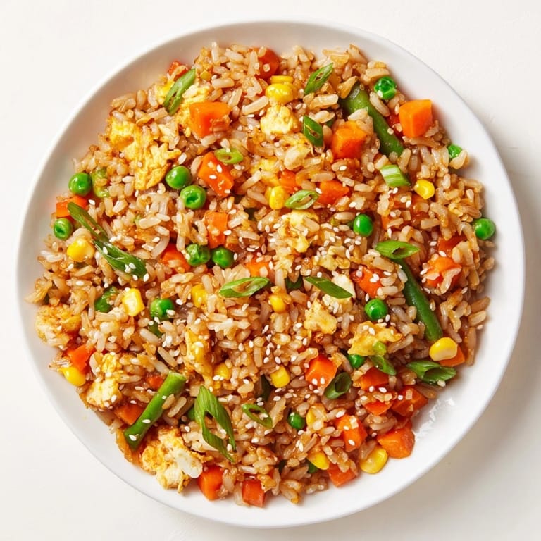 Steaming bowl of Frozen Veggie Fried Rice, featuring colorful vegetables in a wok, ready to serve.