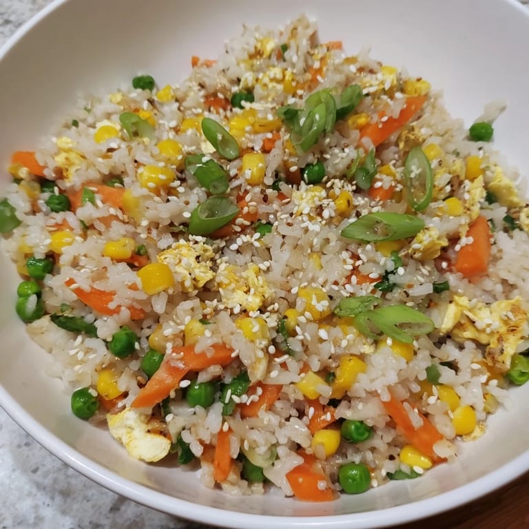 A close-up shot of hot Frozen Veggie Fried Rice, garnished with green onions and sesame seeds.