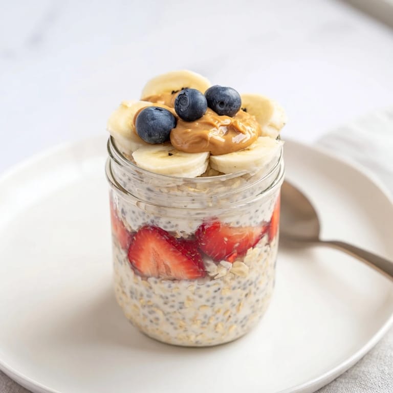 Quick & easy overnight oats jars recipe; delicious breakfast with fresh fruit and peanut butter.