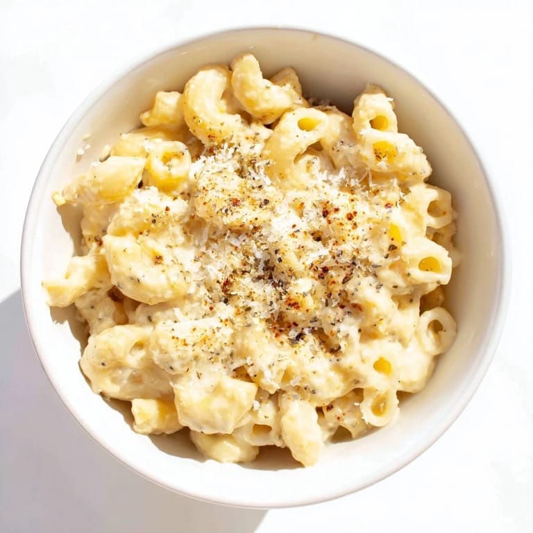 A close-up of a bubbling mug mac & cheese, melted cheddar cheese clinging to the macaroni.