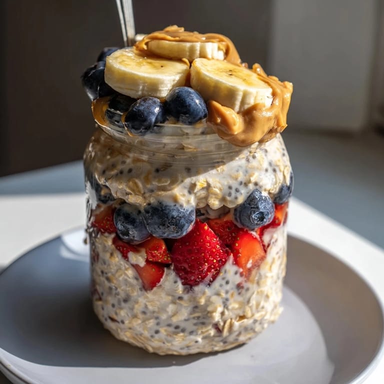 A close-up of beautifully layered overnight oats jars with ripe berries and creamy peanut butter.
