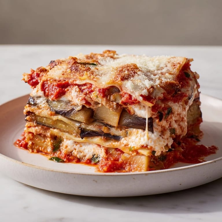 This warm, impressive dish of Eggplant Parmesan Lasagna shows off baked eggplant and a rich tomato sauce.