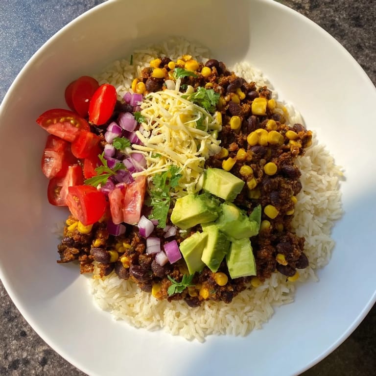This vibrant Rice, Bean, and Corn Burrito Bowl features a rainbow of fresh toppings and zesty lime wedges.