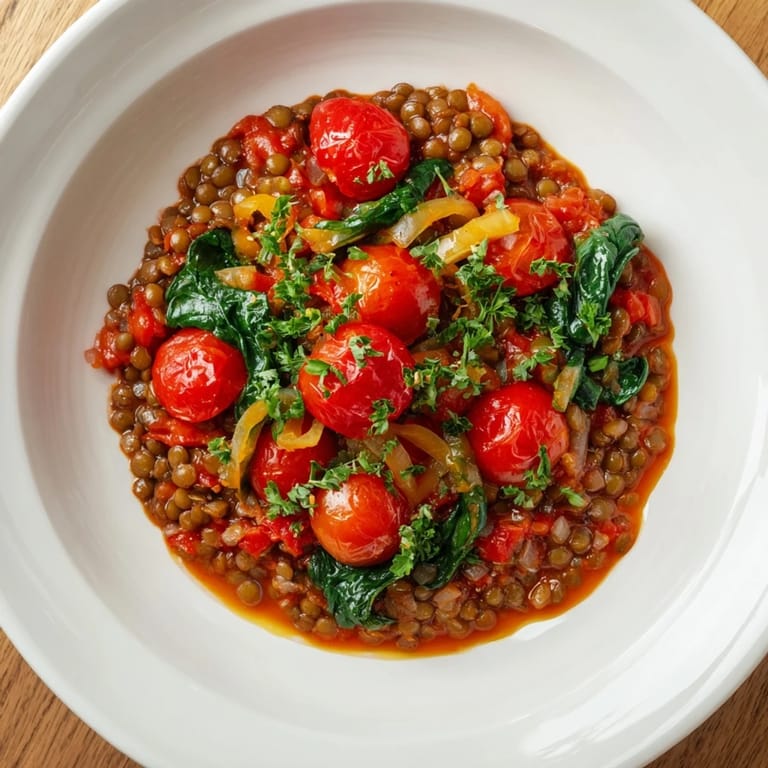 A colorful Lentil-Tomato Skillet, showcasing tender lentils and a rich tomato sauce, ready to serve.