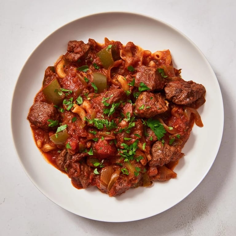 A close-up of a bubbling pot of homemade goulash, loaded with beef and pasta.
