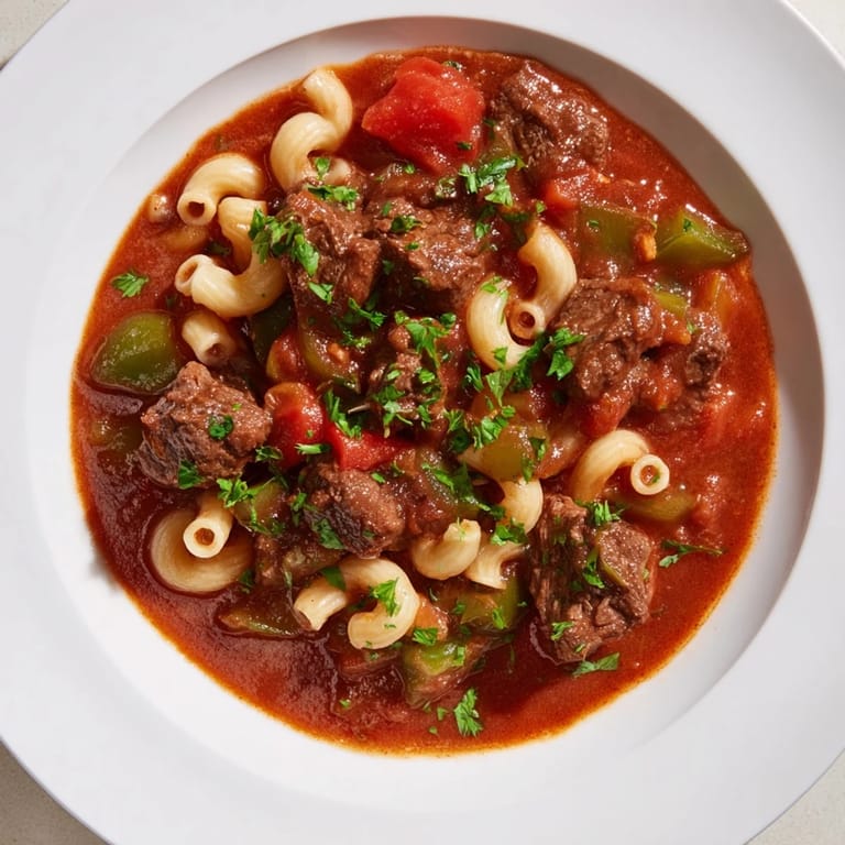 Flavorful golden-brown beef goulash, served in a bowl, perfect for a cozy weeknight meal.