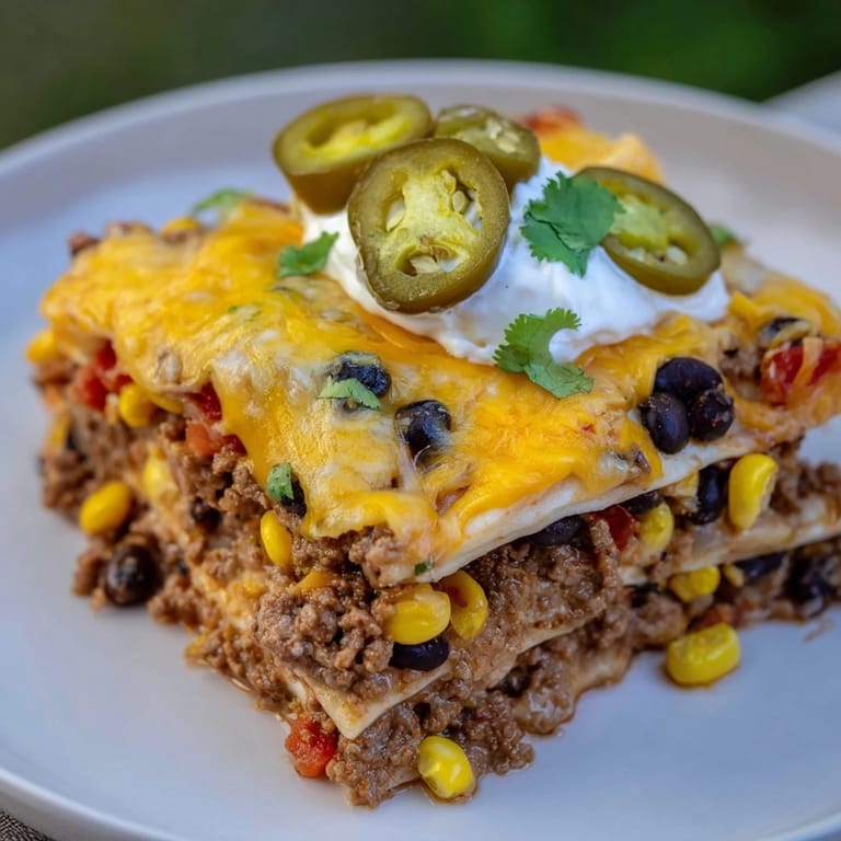 A delicious, cheesy Taco Lasagna, with visible layers of meat, beans and melting cheddar.
