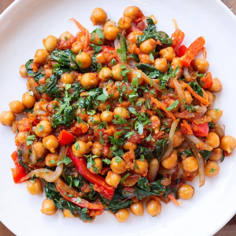 Looking inside a skillet bubbling with easy Vegetarian Chickpea & Spinach, vibrant with spinach and spices.