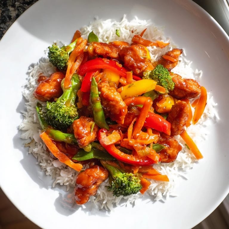 Vibrant Chicken Stir-Fry with Vegetables and Rice: tender chicken and colorful veggies in a glossy sauce.