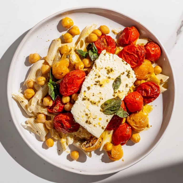 Golden-brown baked feta cheese melts into juicy tomatoes and chickpeas in this flavorful recipe.