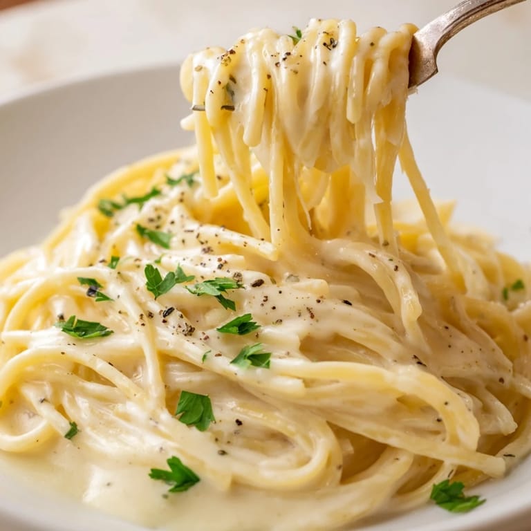 Golden and bubbly three-cheese spaghetti topped with parsley, ready to be enjoyed as a meal.