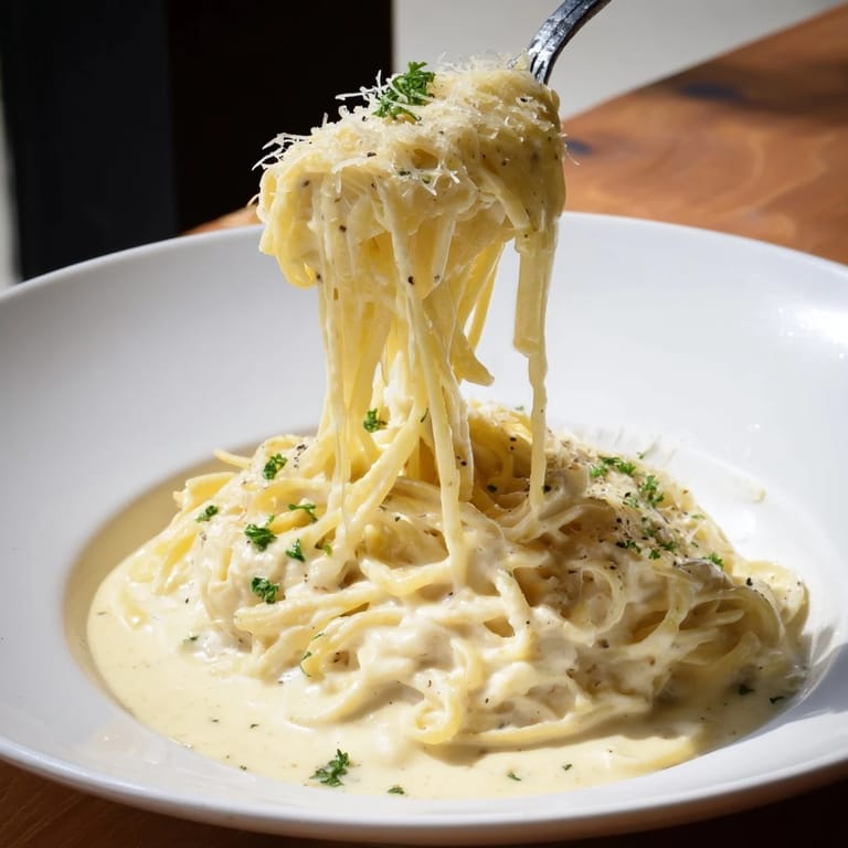 A close-up shot of rich and cheesy three-cheese spaghetti, perfect for a budget-friendly dinner.