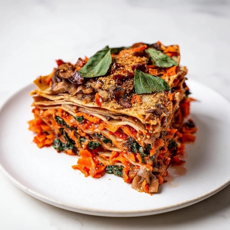 Golden bubbling Vegan Mushroom Spinach Lasagna with a creamy béchamel sauce, so comforting!