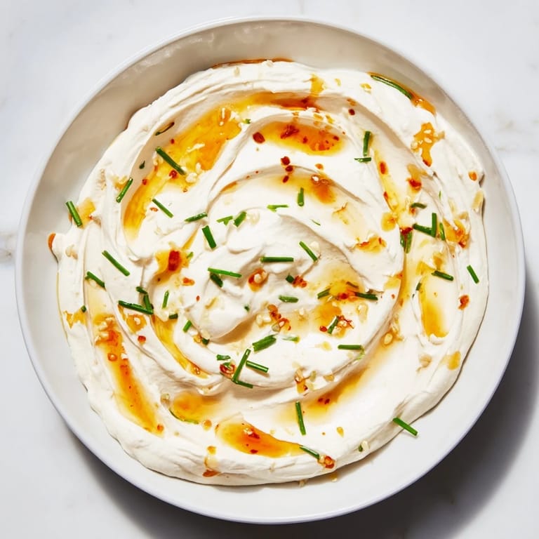 A close-up of a serving bowl filled with tangy whipped ricotta dip and hot honey.