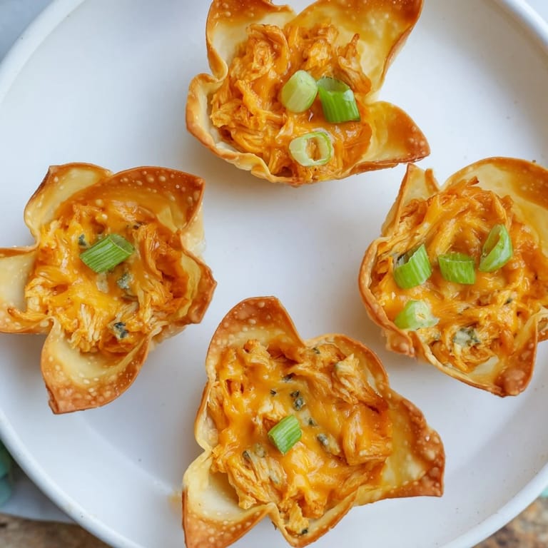 Crispy-baked Buffalo Chicken Dip Pinwheel Wontons, ready for dipping, boasting a savory, buffalo-sauce aroma.