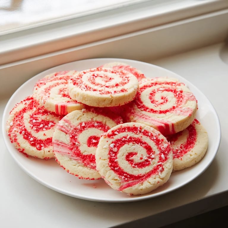 Arrangement of delightful Candy Cane Pinwheel Cookies, ready to eat, with a dusting of crushed candy canes around them.