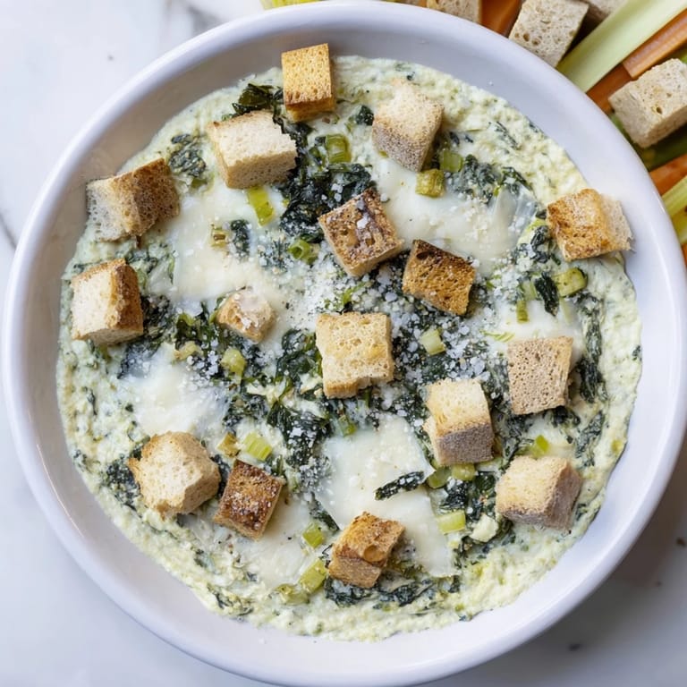 A close-up shot of the Best-Ever Spinach Dip, creamy and bubbling, served in a sourdough bread bowl.