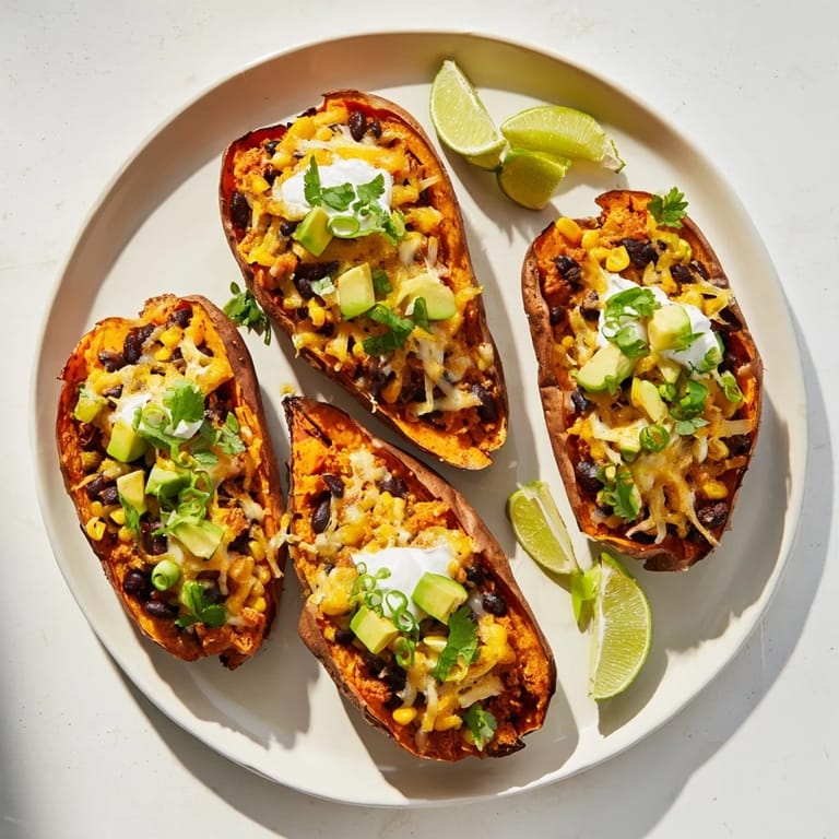 A close-up of a fully loaded baked sweet potato, showcasing a medley of toppings over the sweet potato.