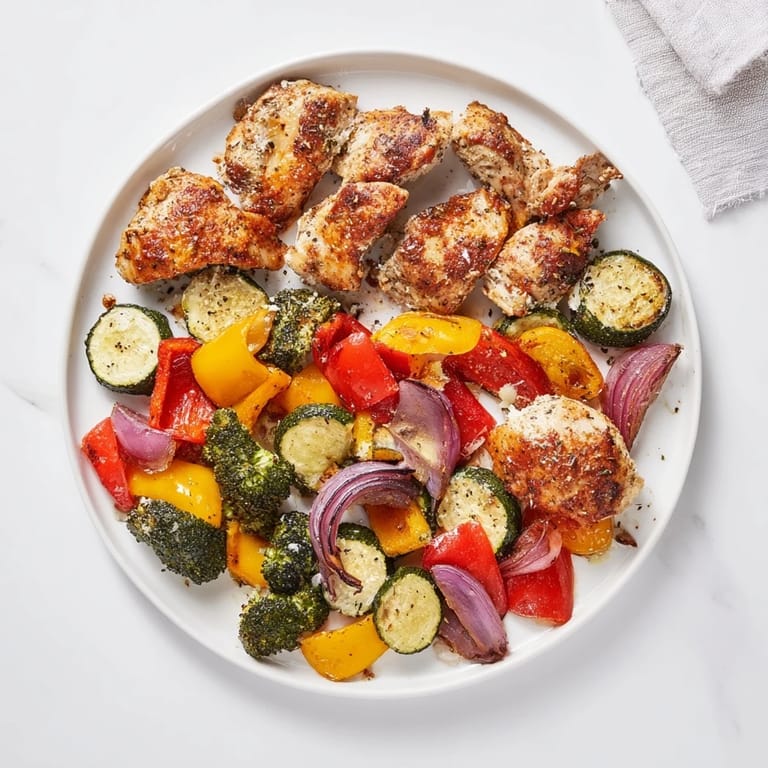 Sheet pan featuring Garliic Parmesan Chicken Bites; imagine the savory aroma of chicken and roasted veggies.
