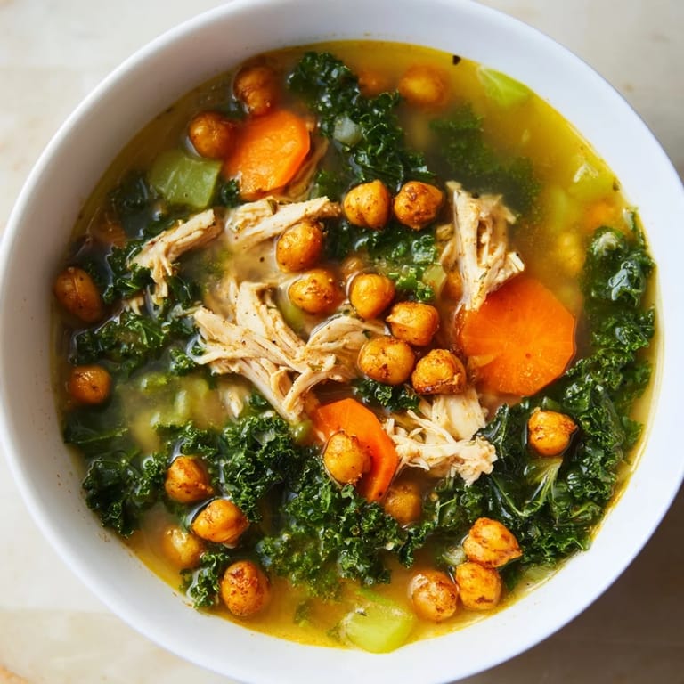 A steaming bowl filled with Chicken Kale Soup, showcasing tender chicken and vibrant greens, ready to enjoy.