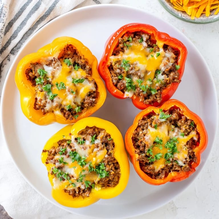Baked Sloppy Joe stuffed bell peppers, a family favorite brimming with a rich, seasoned meat sauce.
