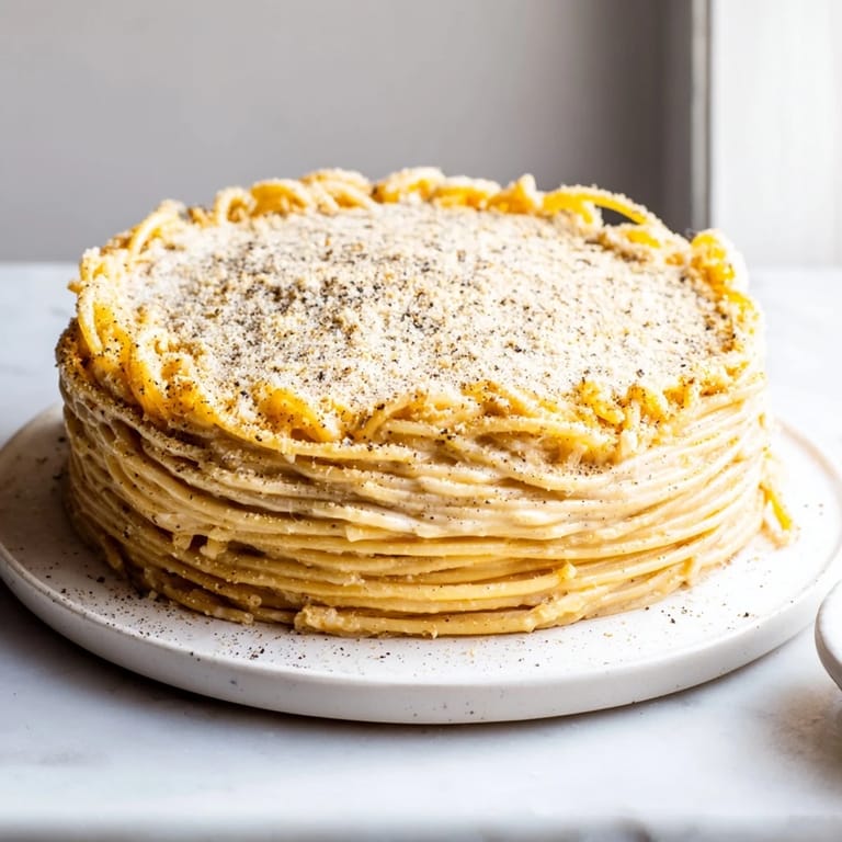 Delicious baked Cacio e Pepe Pasta Pie, showing a perfectly formed slice, oozing with creamy cheese.