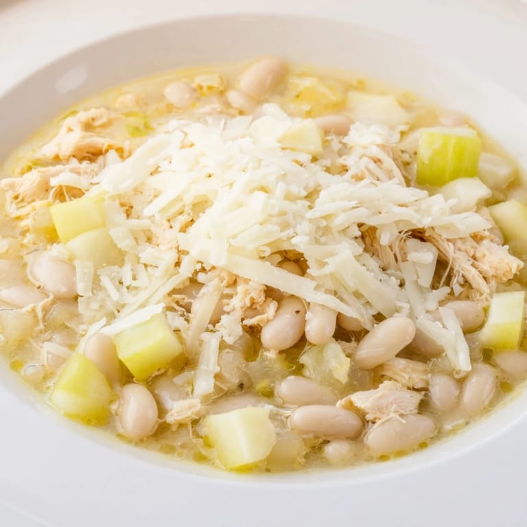 A close-up of delicious 35-Minute White Cheddar Apple Chicken Chili, perfect for a cozy, quick weeknight dinner.