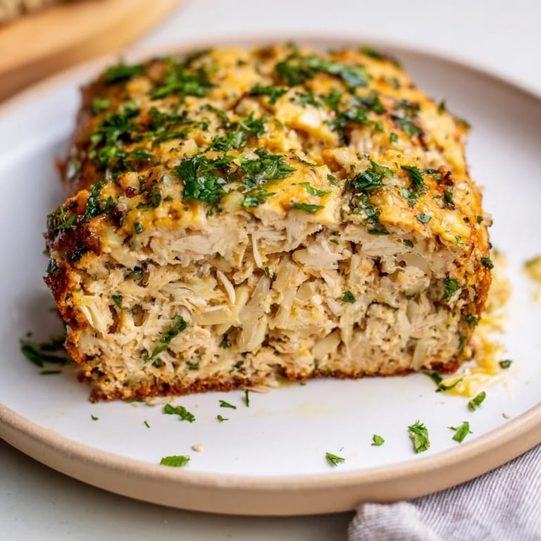 Warm, flavorful slice of Garlic Parmesan Chicken Meatloaf, served with fresh parsley, looks absolutely delicious.