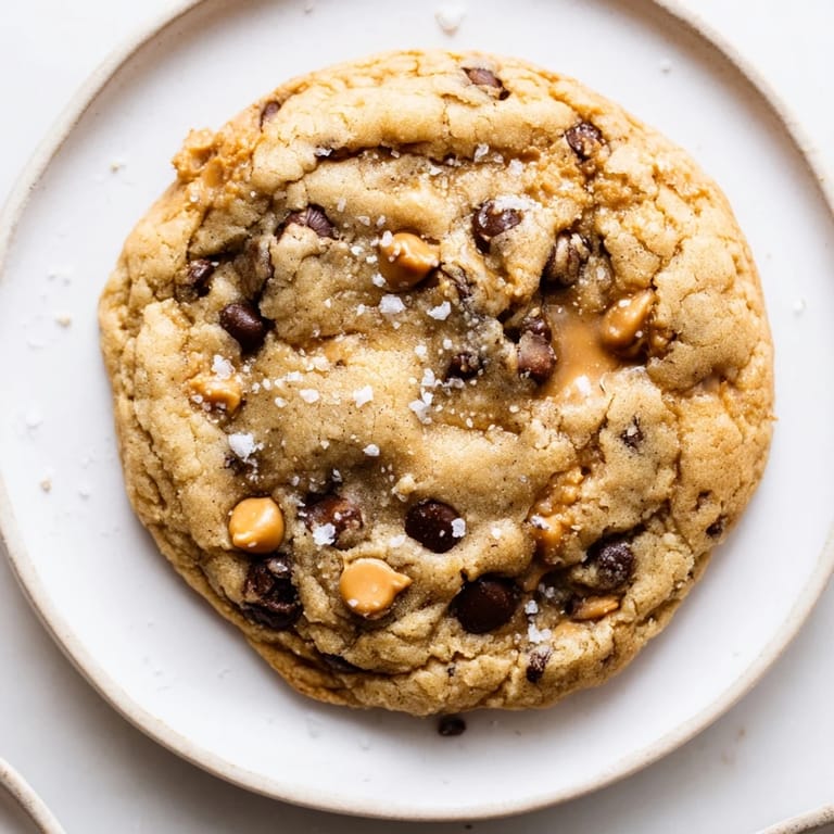Close-up of baked Best Ever Butterscotch Chocolate Chip Cookies, showing melty chocolate with sea salt.