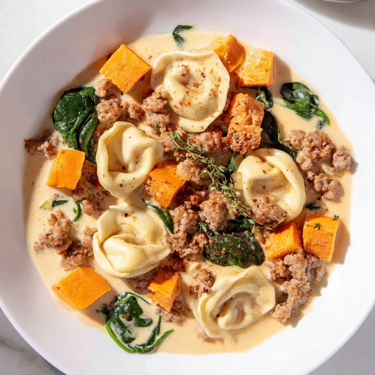 Enjoy a spoonful of flavorful Creamy Sausage Tortellini Soup, perfect for a cozy, delicious dinner.