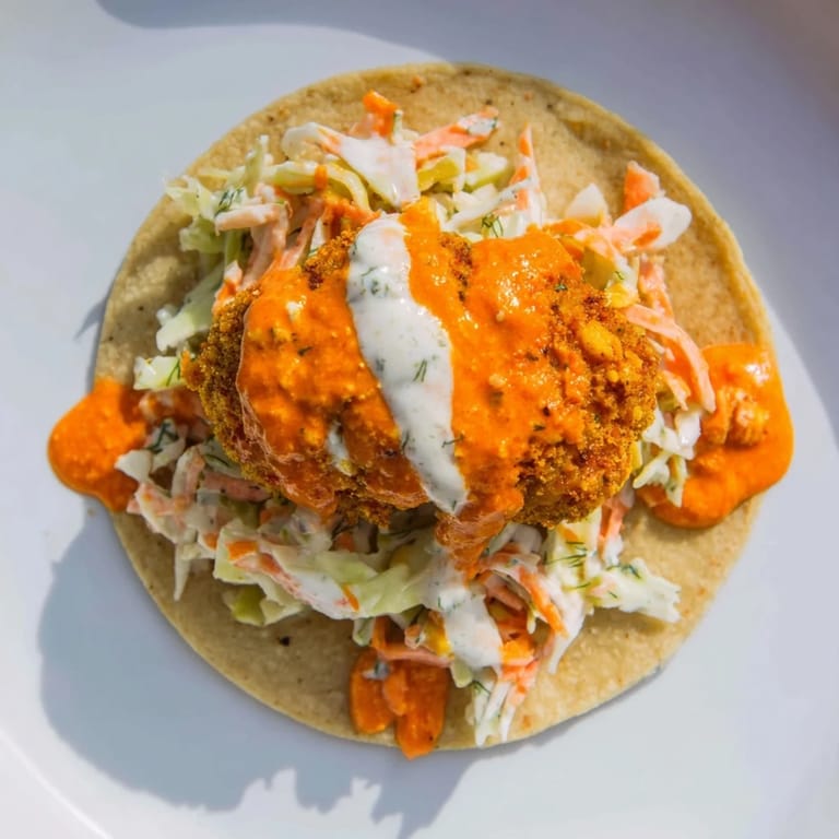 See the savory steam rising from these delicious Buffalo Chicken Smash Burger Tacos sizzling on the griddle.