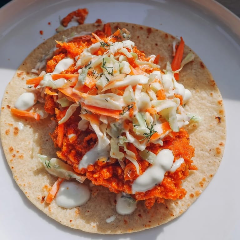 Enjoy juicy, vibrant Buffalo Chicken Smash Burger Tacos with overflowing ranch slaw, ready for a quick meal.