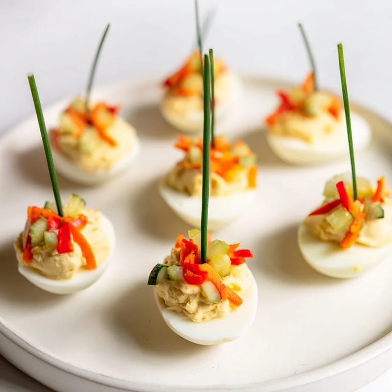 Imagine creamy Festive Deviled Egg Ornaments garnished with colorful vegetables, ready for your party.
