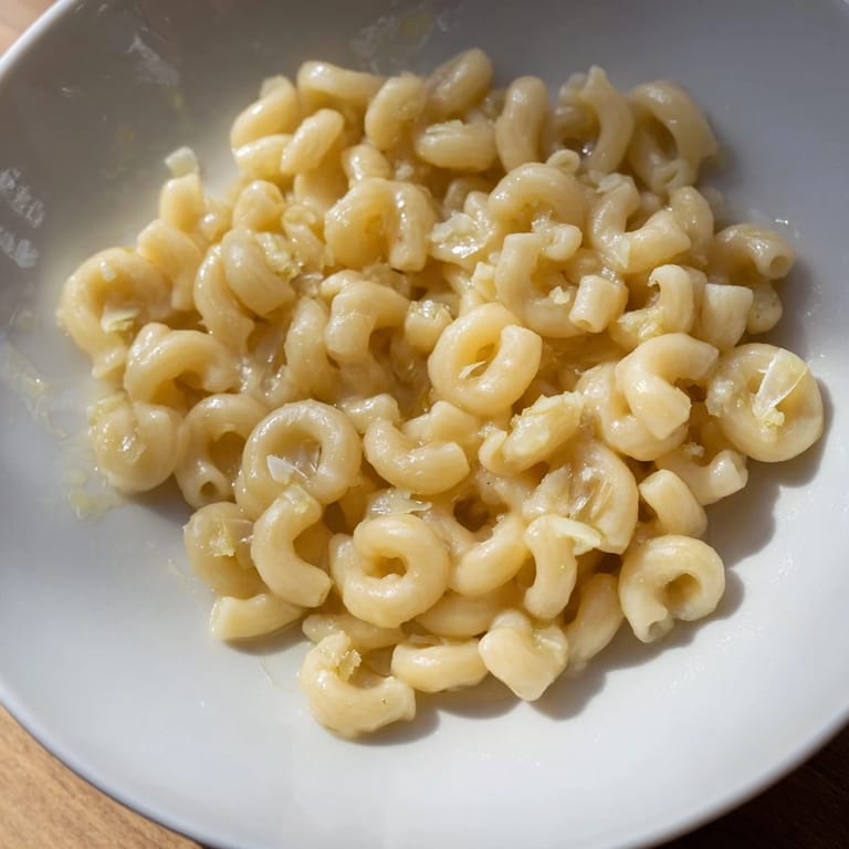 Savory ditalini pasta, coated in the rich, garlicky butter sauce, ready to be served hot.