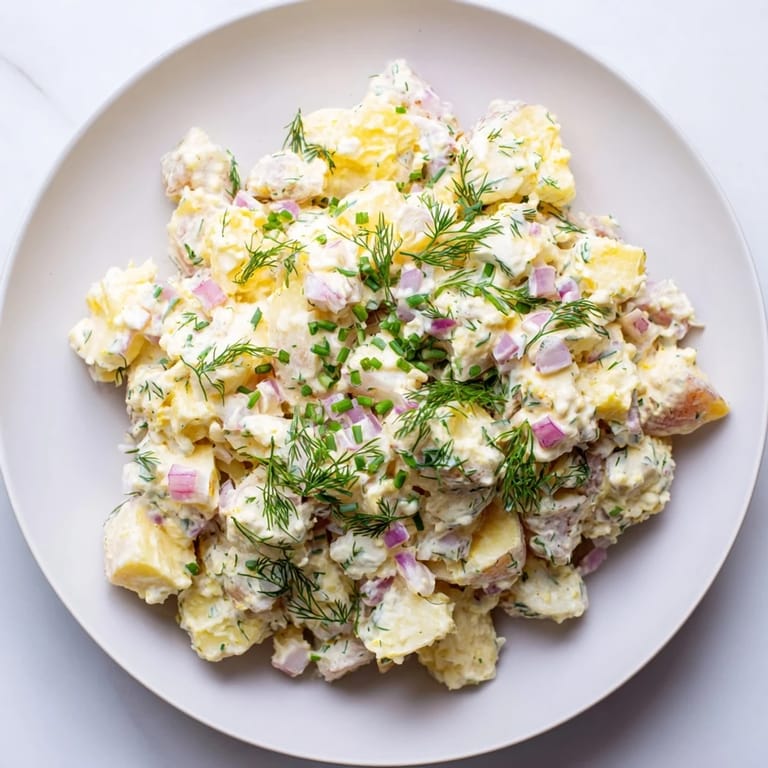 Tangy chopped egg and potato salad, featuring bright yellow potatoes and perfectly cooked eggs.