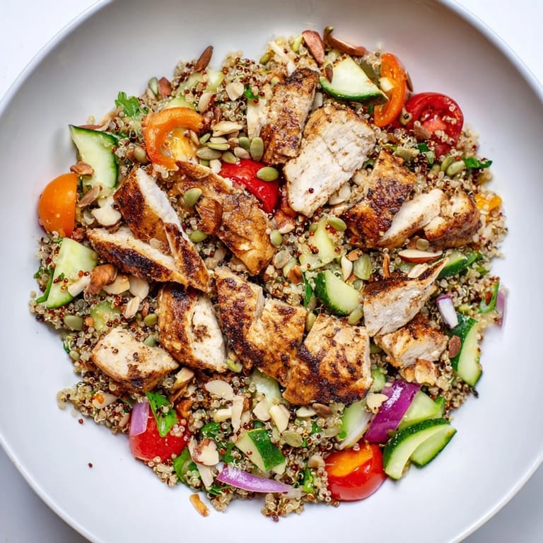 This vibrant Crunchy Quinoa Chicken Salad features chopped chicken and crunchy seeds, perfectly dressed.