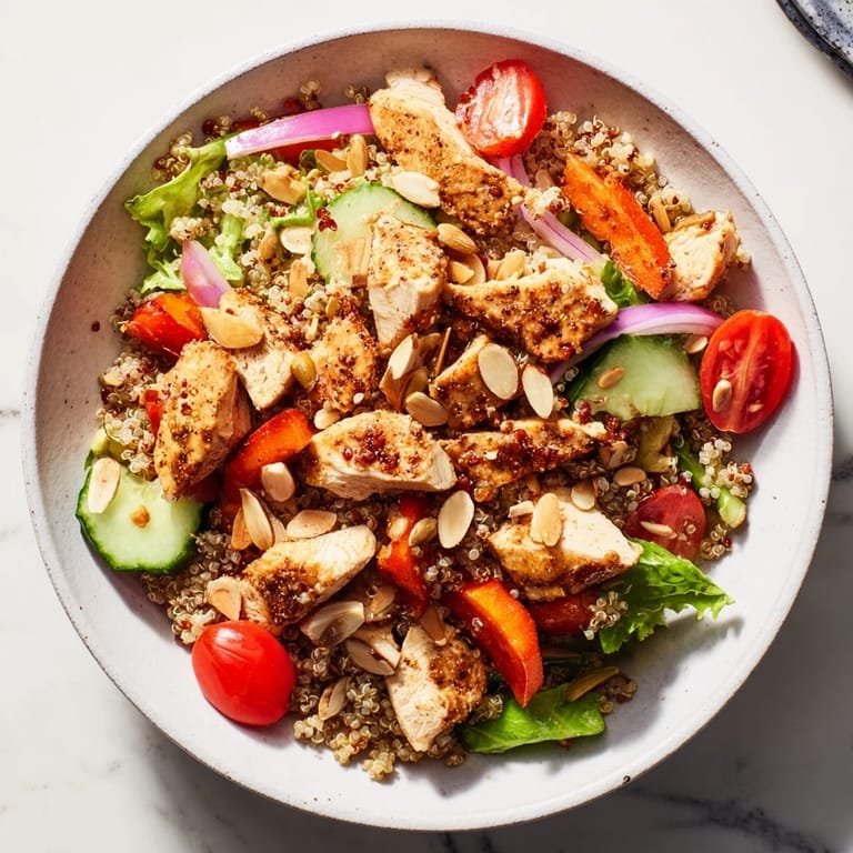 Fluffy quinoa and diced vegetables combine in a delicious Crunchy Quinoa Chicken Salad, served fresh.