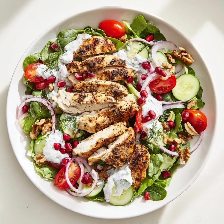 Tender slices of black pepper chicken grace a colorful salad with juicy cherry tomatoes, ready to serve.