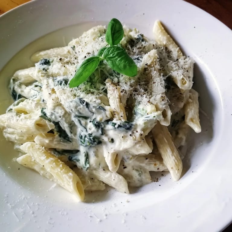 Creamy, green Cottage Cheese Spinach Pasta, ready to enjoy with a generous sprinkle of Parmesan cheese.