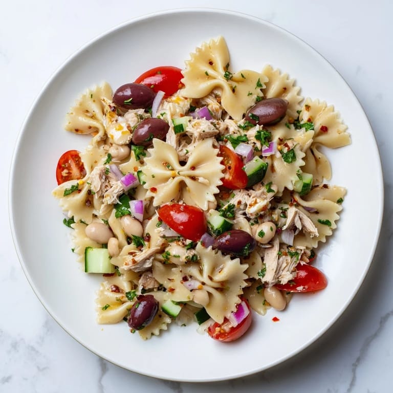 Enjoy a refreshing plate of Spicy Tuna and White Bean Pasta Salad, perfect for a picnic treat.
