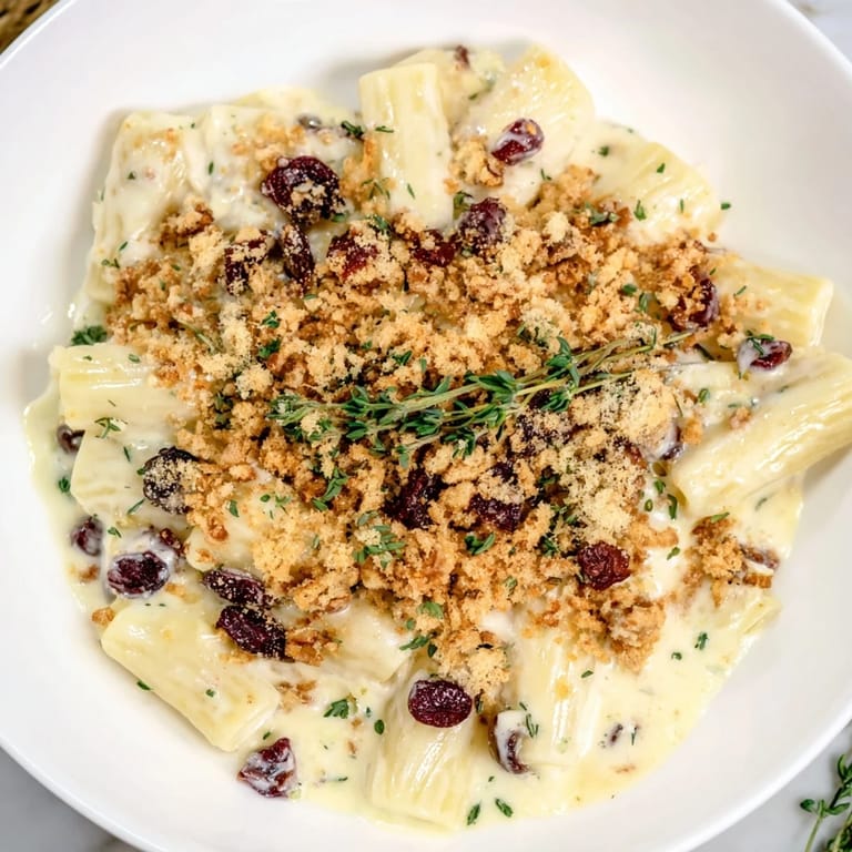 Creamy Cranberry and Brie Tartlet Pasta with melted cheese and fresh thyme for a delicious dinner.
