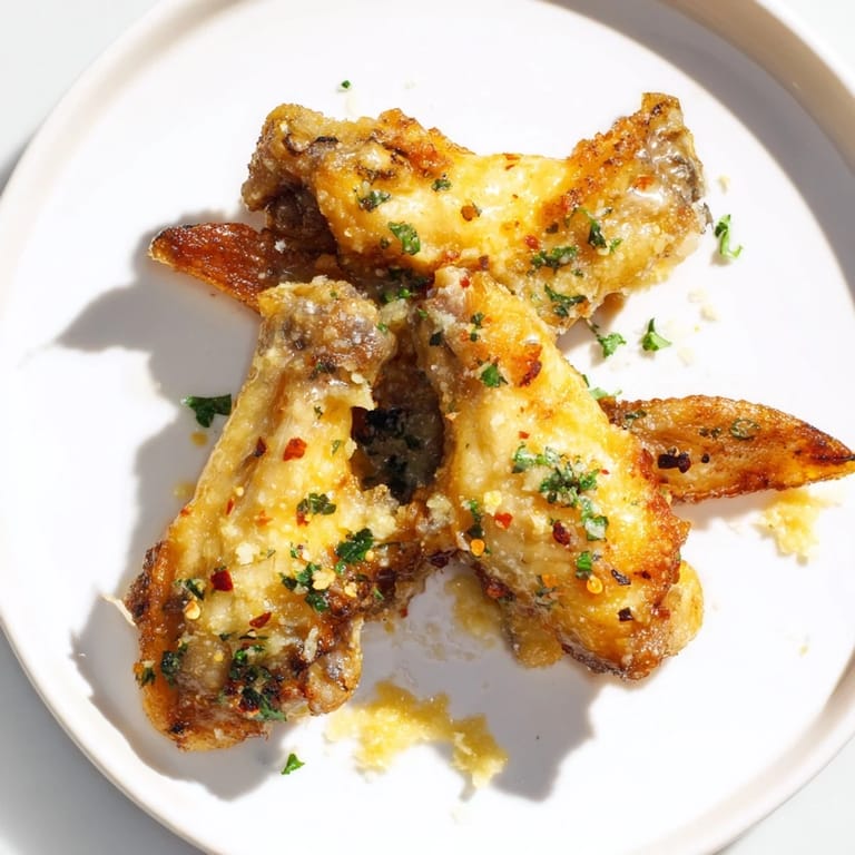 Crispy air fryer garlic-Parmesan chicken wings, coated in a rich, buttery, savory sauce.