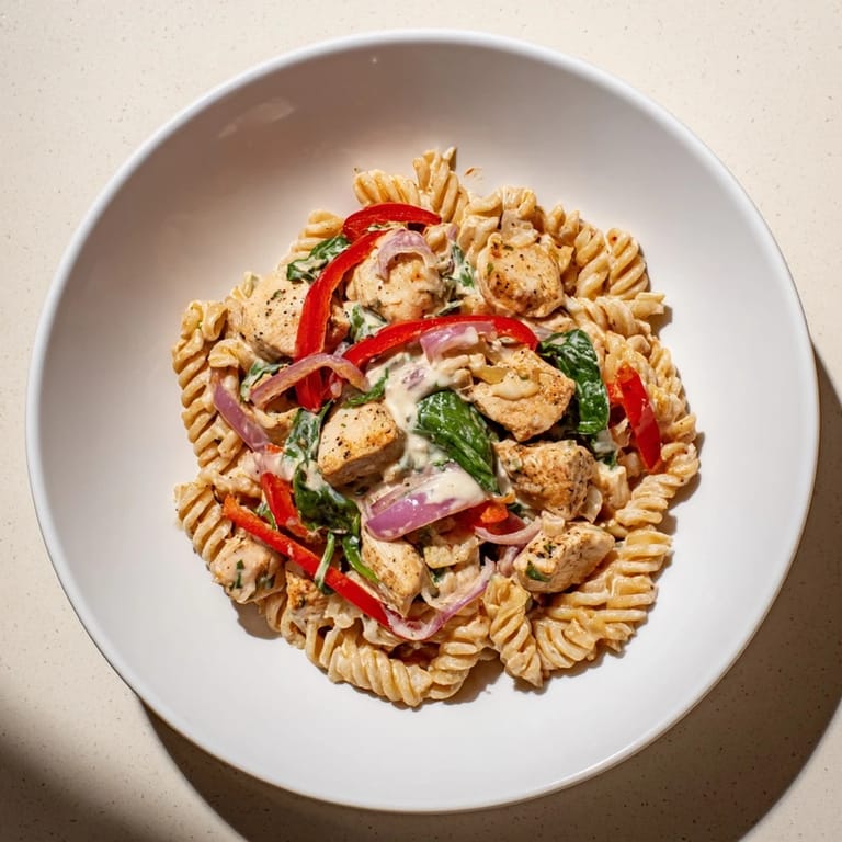 Ladleful of the lightened Creamy Cajun Dirty Snow Chicken Pasta, featuring tender chicken and colorful veggies.