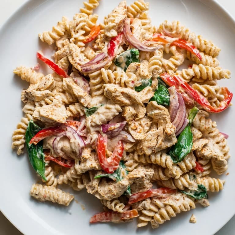 A close-up view of creamy, vibrant Creamy Cajun Dirty Snow Chicken Pasta, ready for a delicious dinner.