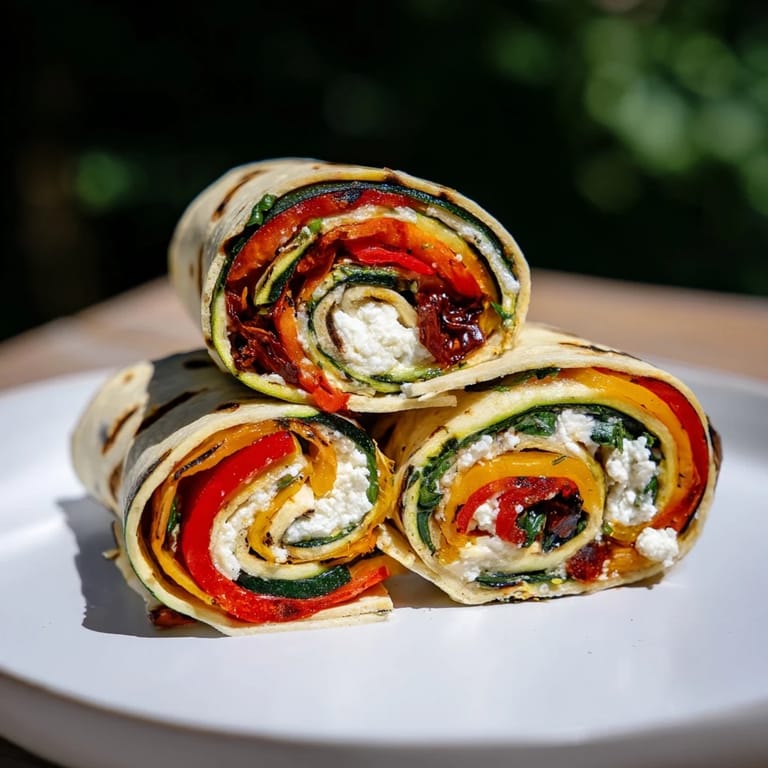 See the attractive spiral of a delicious Roasted Veggie & Feta Santa Wrap, perfect for entertaining.