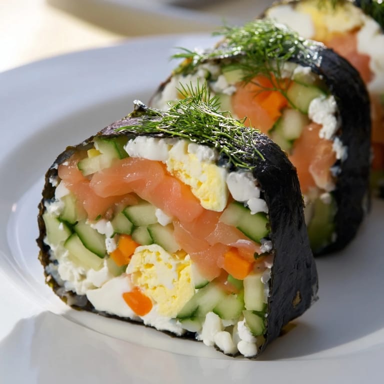 Savory slices of High-Protein Sushi Wrap Smoked Salmon Holiday Roll, ready to be enjoyed with soy sauce.