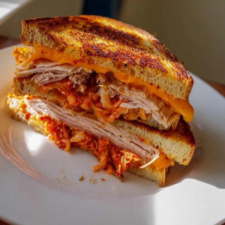 Melted cheddar cheese and kimchi visible in a perfectly made Kimchi Turkey & Cheddar Toasted Grilled Cheese.