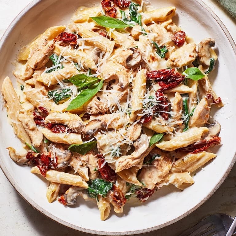 Enjoy the delicious appearance of this Creamy Sun-Dried Tomato Mushroom Penne Skillet, garnished with fresh basil.