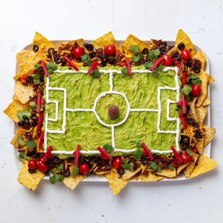 Warm, cheesy Soccer Field Nacho Platter boasts a hearty Tex-Mex flavor profile with seasoned beef and beans.