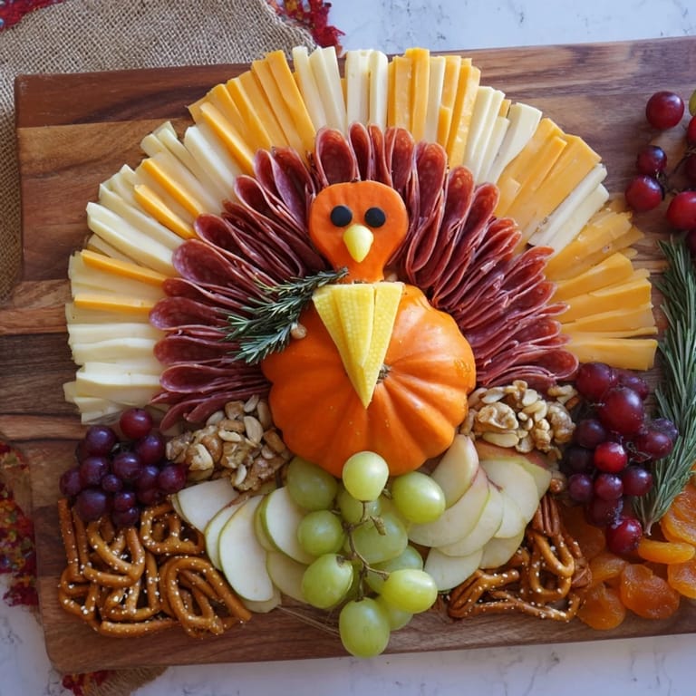 Imagine the flavors of the Wheat Field Thanksgiving Turkey Board: cheeses, crackers, and delicious fruit.